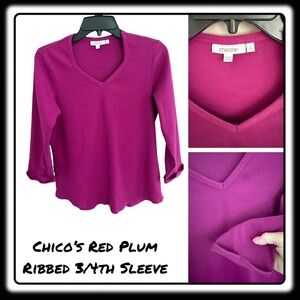 Chicos Red Plum ribbed V-Neck top 3/4 length sleeves sz 2 (equiv sz 12-14)